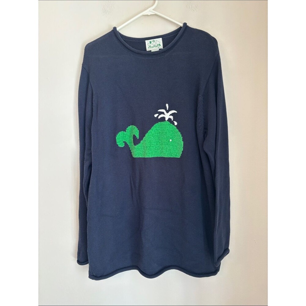 Vintage Quaker Factory Navy Whale novelty roll neck Sweater knit cute Women’s LG